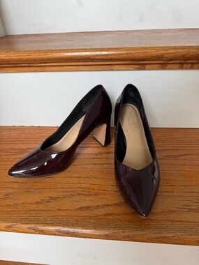 Michael Shannon Burgundy Patent Pointed Block-Heel Pumps